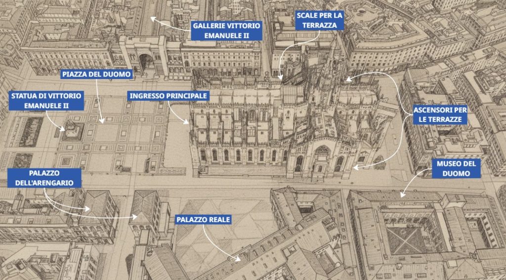 Mappa del Duomo di Milano e delle sue immediate vicinanze, con l'indicazione della posizione dell'ingresso principale.